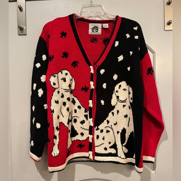 Storybook Knits Sweaters - Vintage Red and Black Dalmatian Women's cardigan Sweater. Absolutely adorable!